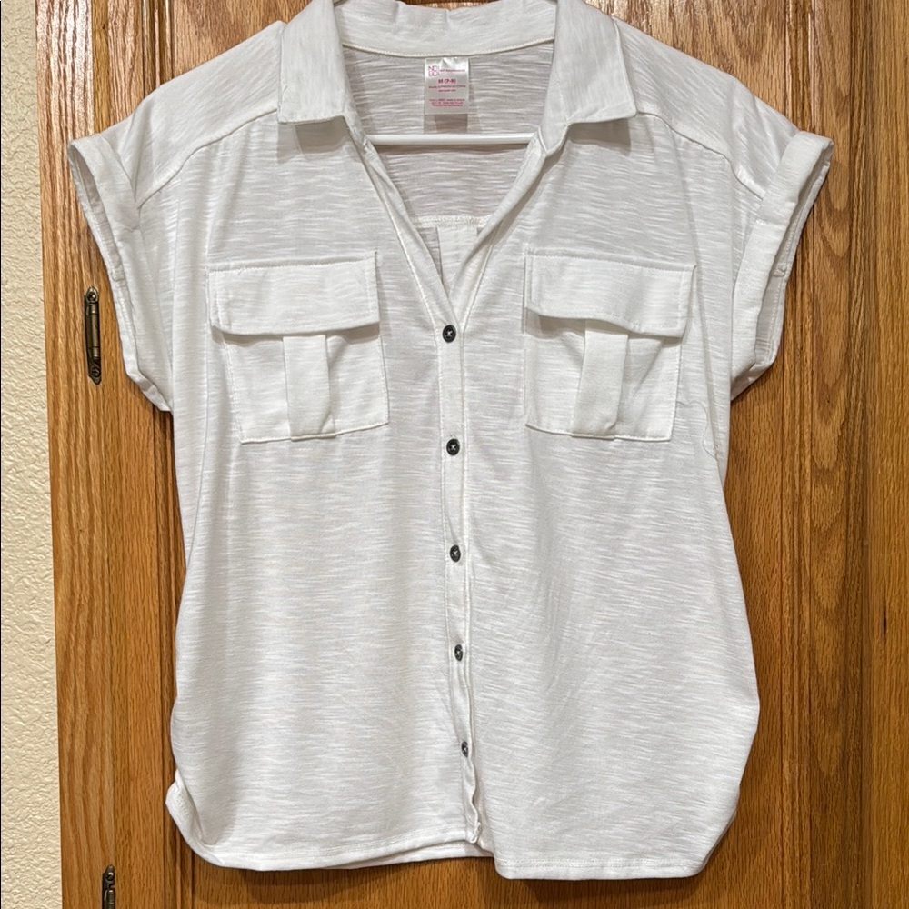 No Boundaries Button Up Cap Sleeve Pocket Blouse - White